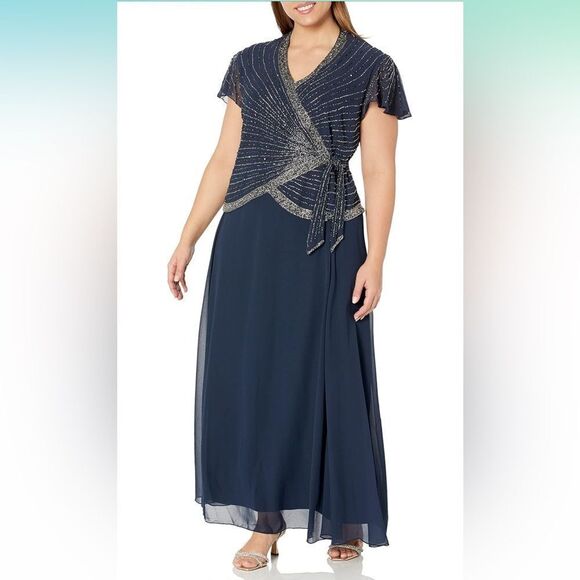 J Kara V-Neck Cap Flutter Sleeve Beaded
Stripe Bodice Chiffon Gown Size 14W - Picture 1 of 8